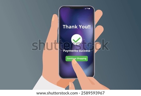 A hand holds a smartphone on the screen with the message money transfer successful Concept. business, banking, financial online transactions with mobile devices