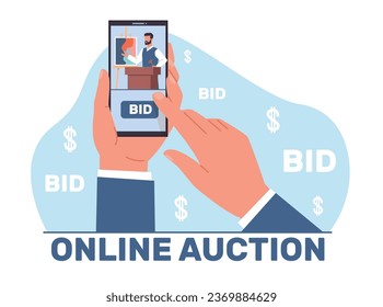 Hand holds smartphone with online auctioneer, salesman with gavel, bid button on screen. contemporary abstract artworks sale. Bidding on art. Cartoon flat style isolated vector concept