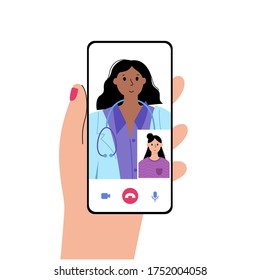 Hand holds a smartphone with online clinic app. Specialist is ready to consult a patient via phone. Chat with doctor. Flat vector illustration. Medical poster. Adult , young female cartoon character.