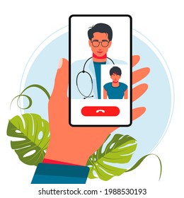 Hand holds a smartphone with online clinic app. Specialist is ready to consult a patient via phone. Chat with doctor. Medical poster. Adult , young female cartoon character.