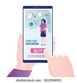 Hand holds smartphone with online course on screen. Buying subscription to online training or taking training courses. Concept of new learning technology. Study with mobile phone. Vector illustration