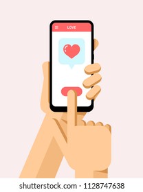 Hand holds the smartphone. Online greeting love message in mobile application. Flat vector modern phone mock-up illustration