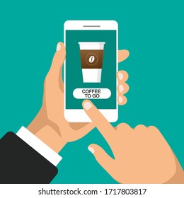 Hand holds smartphone and orders cofffee online. Glass of coffee on the phone screen. Flat vector illustration. Isolated.