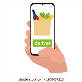 hand holds a smartphone and orders food in the application. secure contactless delivery and shopping concept. flat style