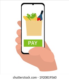 hand holds a smartphone and orders food in the application. secure contactless delivery and shopping concept. flat style