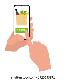 hand holds a smartphone and orders food in the application. secure contactless delivery and shopping concept. flat style