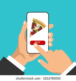 Hand holds smartphone and orders pizza online. Pizza slice on the phone display.