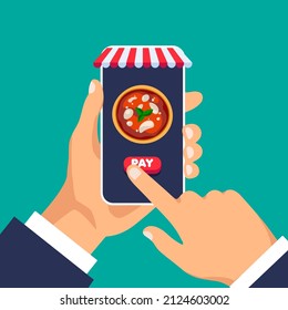 Hand holds smartphone and orders pizza online. Food icon on the phone display. Buy online. Food delivery. Vector illuatration.