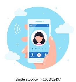 Hand holds smartphone with outgoing call on a screen. Calling service concept. Vector modern illustration for web banners, websites, infographics.