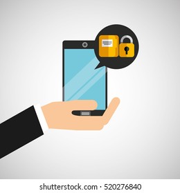 hand holds smartphone padlock folder file vector illustration eps 10