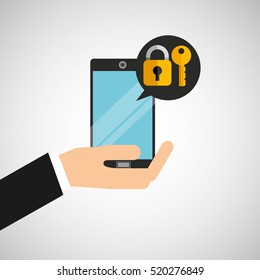 hand holds smartphone padlock key vector illustration eps 10