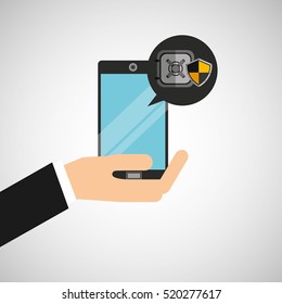 hand holds smartphone padlock money safe box vector illustration eps 10
