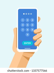 Hand Holds The Smartphone With Password Keyboard On The Screen. Flat Vector Modern Phone Mock-up Illustration