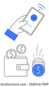 La mano sostiene un teléfono inteligente con una confirmación de pago, las monedas caen en la billetera. Ideal para banca digital, pagos móviles, App financieros, comercio electrónico, transacciones sin contacto, compras en línea