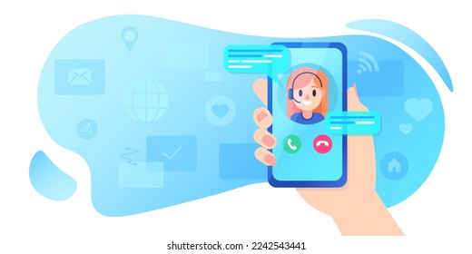 The hand holds a smartphone with a personal assistant service application. Consultations supporting feedback, hotline chat. Customer support call center and online support service. Help agent vector