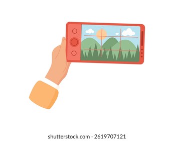 Hand holds a smartphone with a photo app. A user taps the screen to capture selfie. People enjoy taking pictures using mobile media, flat style, perfect for social media marketing.