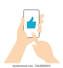 Hand holds smartphone and press like button. Likes notification icon. Reactions to a social media. Mobile phone with heart and love emoji icon. App template. Vector illustration in modern flat style.