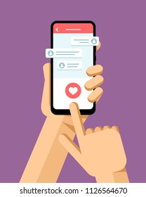 Hand holds the smartphone and presses pink button in messanger application. Flat vector modern phone mock-up illustration