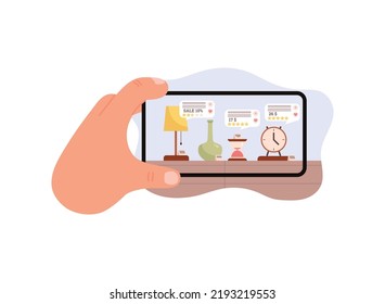 Hand holds smartphone with prices of items in the store, AR concept - flat vector illustration isolated on white. Augmented reality technologies, computer generated information in real world.