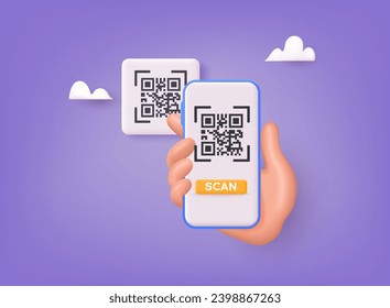 Hand holds smartphone and push button to scans qr code for online payment. 3D Web Vector Illustrations.