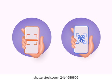 Hand holds smartphone and push button to scans qr code for online payment, money transaction on mobile app service. 3D Web Vector Illustrations.