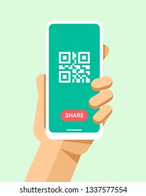 Hand holds the smartphone with qr code and share button. Flat vector modern phone mock-up illustration