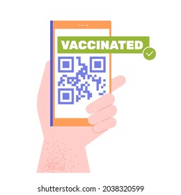 Hand mantiene el smartphone con código QR. Vacunación de validación contra el certificado de infección por coronavirus en línea. Documento digital. Ilustración plana vectorial.
