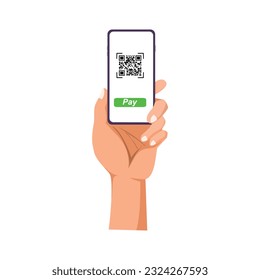 Hand holds smartphone with QR Code on screen for online payment, money transaction on mobile app service. Flat vector illustration for business or finance concept marketing, online purchase on website