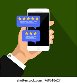 Hand holds smartphone with review rating bubble speeches on a screen. Stars with good and bad rate and text. Mockup phone. 