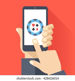 Hand holds smartphone with round poker chip icon on smartphone screen. Online gambling, casino, internet poker concept. Modern flat design for web banners, web sites, infographics. Vector illustration