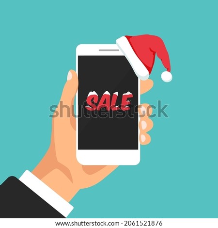 Hand holds smartphone with Santa hat. Phone like a gift for New Year and Christmas. Sale concept. Ready banner template for your advertisement. Vector illustration.