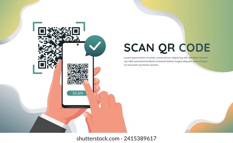 Hand holds smartphone to scan QR code for online payment, shopping transaction, share link website and contact information on mobile app  services. Template for website, landing page, ui, social media