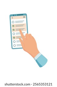 A hand holds a smartphone screen. A user interacts with a mobile app using gesture. Engaging with the phone allows for online access, social media connection, and modern communication.