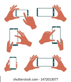 Hand holds smartphone. Set of vector icons. Vector illustration