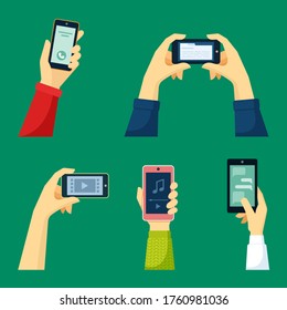 Hand holds smartphone set. Watching video content gadget reading ebook transport listening to fashionable music track sending message colleague receiving call long time friend. Smart cartoon vector.