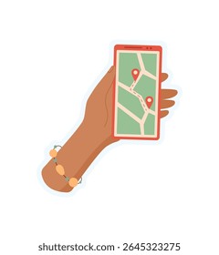Hand holds smartphone showing a map sticker. User navigates the app on the screen of phone sticker. Digital navigation, flat style, suitable for online content and technology marketing.