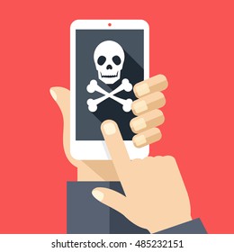 Hand holds smartphone with skull icon on screen. Broken phone, malicious software, virus attack, dead cellphone. Modern simple flat design with trendy long shadow. Creative vector illustration