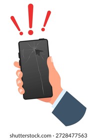 La mano sostiene el teléfono inteligente con la pantalla negra rota. Signo de exclamación que indica que el gadget está roto o funciona mal. Pantalla táctil del teléfono agrietada. Daño Electrónica del dispositivo. Pantalla bloqueada. Concepto de Vector