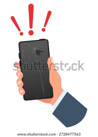Hand holds smartphone with smashed black screen. Exclamation mark indicating that gadget is broken or malfunctioning. Cracked phone touchscreen. Electronic device damage. Display crash. Vector concept