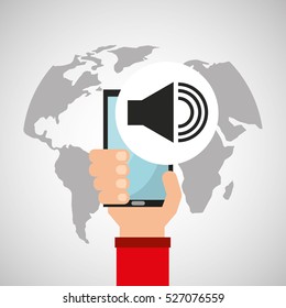 hand holds smartphone sound multimedia online vector illustration eps 10