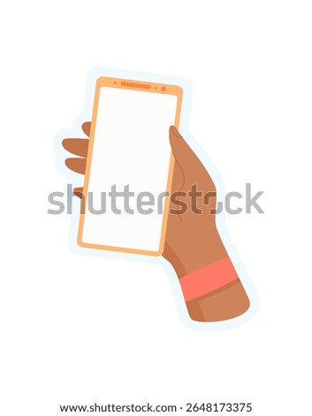 Hand holds a smartphone. A sticker showcasing the gesture of a user with mobile device. Template for digital applications, flat design, ideal for social media and user engagement.