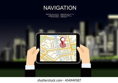 Hand holds smartphone or tablet pc with navigation app against cityscape in night. Navigation concept. Flat style design of web banner template for website or infographics, mobile navigation GPS 
