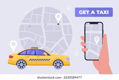 Hand holds smartphone with a taxi app on it. The app shows a yellow car with a taxi symbol. Vector illustration in a flat style