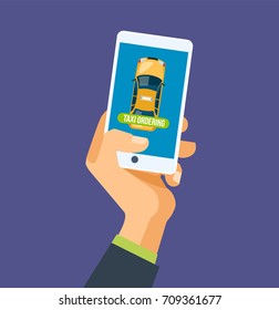 Hand holds the smartphone. Taxi ordering service and calling. Smartphone and touch screen, city skyscrapers. Mobile application for ordering a taxi. Vector illustration isolated.