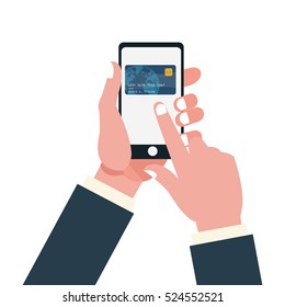 hand holds smartphone touch credit card