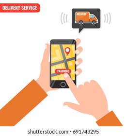 Hand holds smartphone for tracking delivery. Tracking system. Mobile App. Vector illustration.