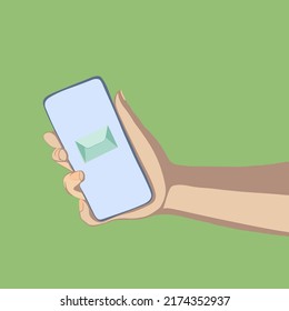 A hand holds a smartphone with an unread message.