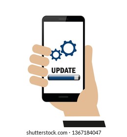 hand holds smartphone update gears on display isolated on white background vector illustration EPS10