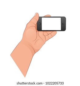 The hand holds a smartphone. Vector illustration isolated on white background.