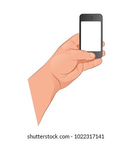 The hand holds a smartphone. Vector illustration isolated on white background.